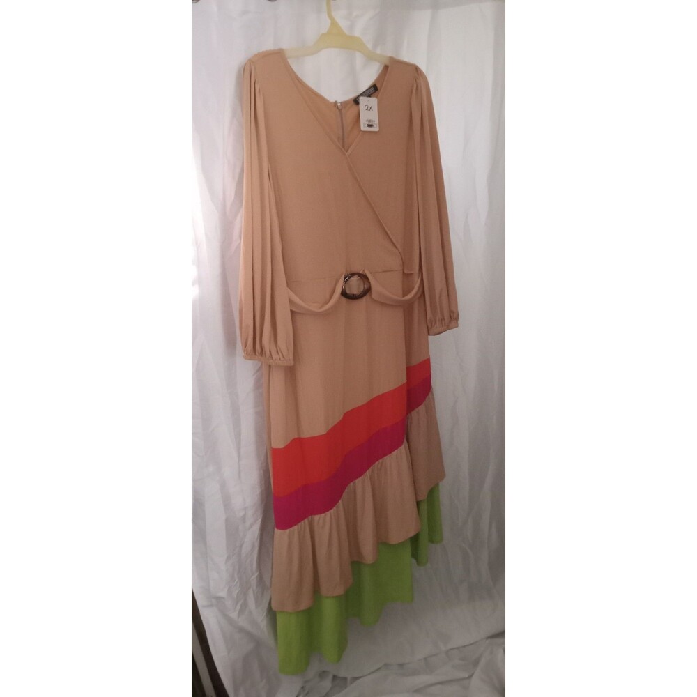 2X Megan Renee colorblock tiered maxi dress belted v-neck design puff sleeves